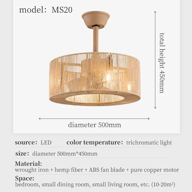 plafonnier décoratif en corde tressée avec ventilateur et intensité variable - vue 6 sur 11