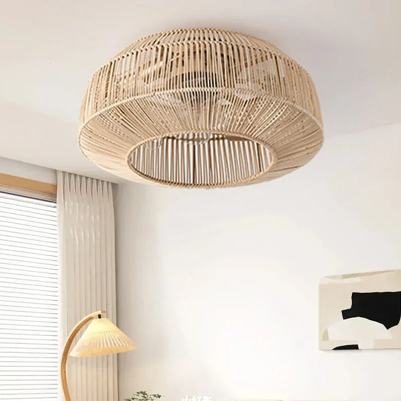 Ventilateur de plafond avec lumière rétro fait à la main en rotin de bambou ventilateur invisible lumières moderne simple Wabi-Sabi lampe de ventilateur de plafond d'îlot de cuisine - vue 3 sur 7