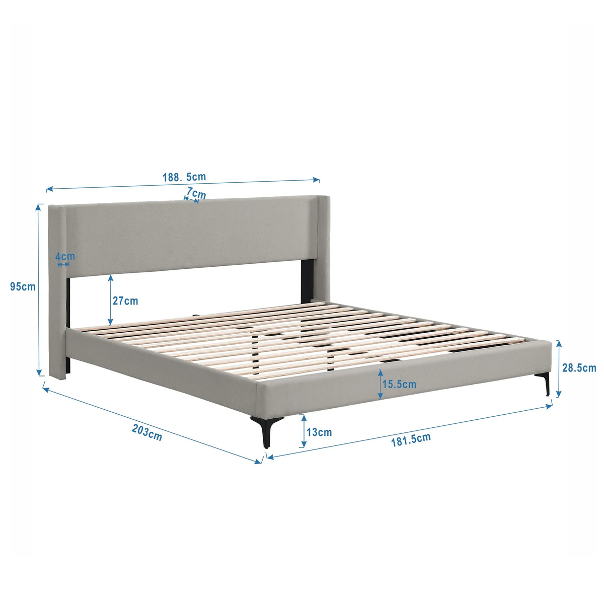 VSOGA Upholstered Bed, Double Bed, Bed With Slatted Frame, High Headboard, Upholstered Headboard, 180 X 200cm, Linen, Grey - vue 5 sur 6