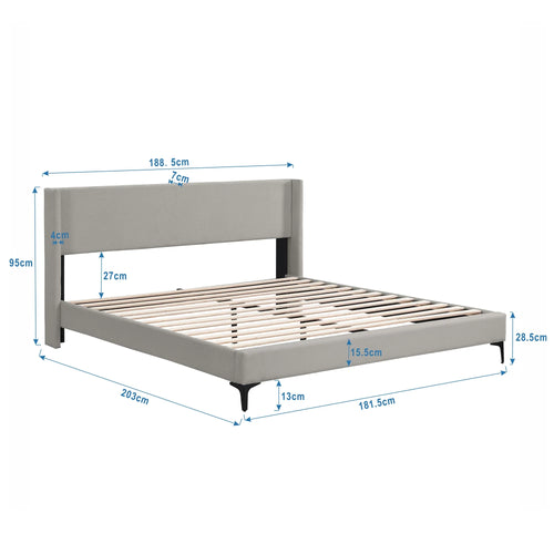 VSOGA Upholstered Bed, Double Bed, Bed With Slatted Frame, High Headboard, Upholstered Headboard, 180 X 200cm, Linen, Grey - vue 6 sur 6