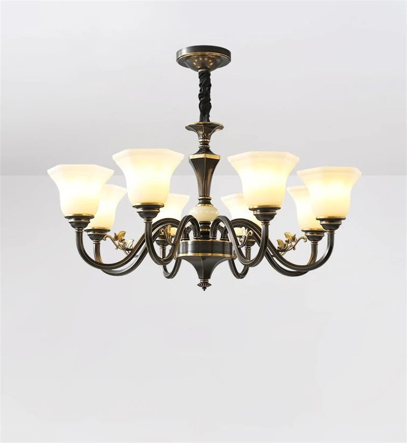 lustre vintage en cuivre avec abat-jour en verre dépoli - vue 7 sur 20