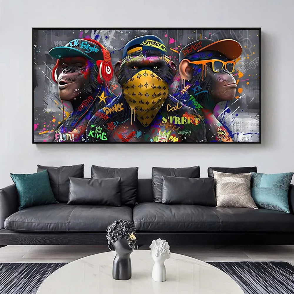 trois orangs-outans graffiti art mural décoration singe musique - vue 8 sur 7