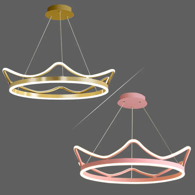 Nordique moderne LED or rose en acier inoxydable suspension bande couronne forme anneau lustre bébé enfants chambre plafonnier - vue 6 sur 10