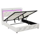 Upholstered Bed with LED Light, Charging Function, Air Pressure Metal Frame and Wooden Slatted Frame, PU, Without Mattress