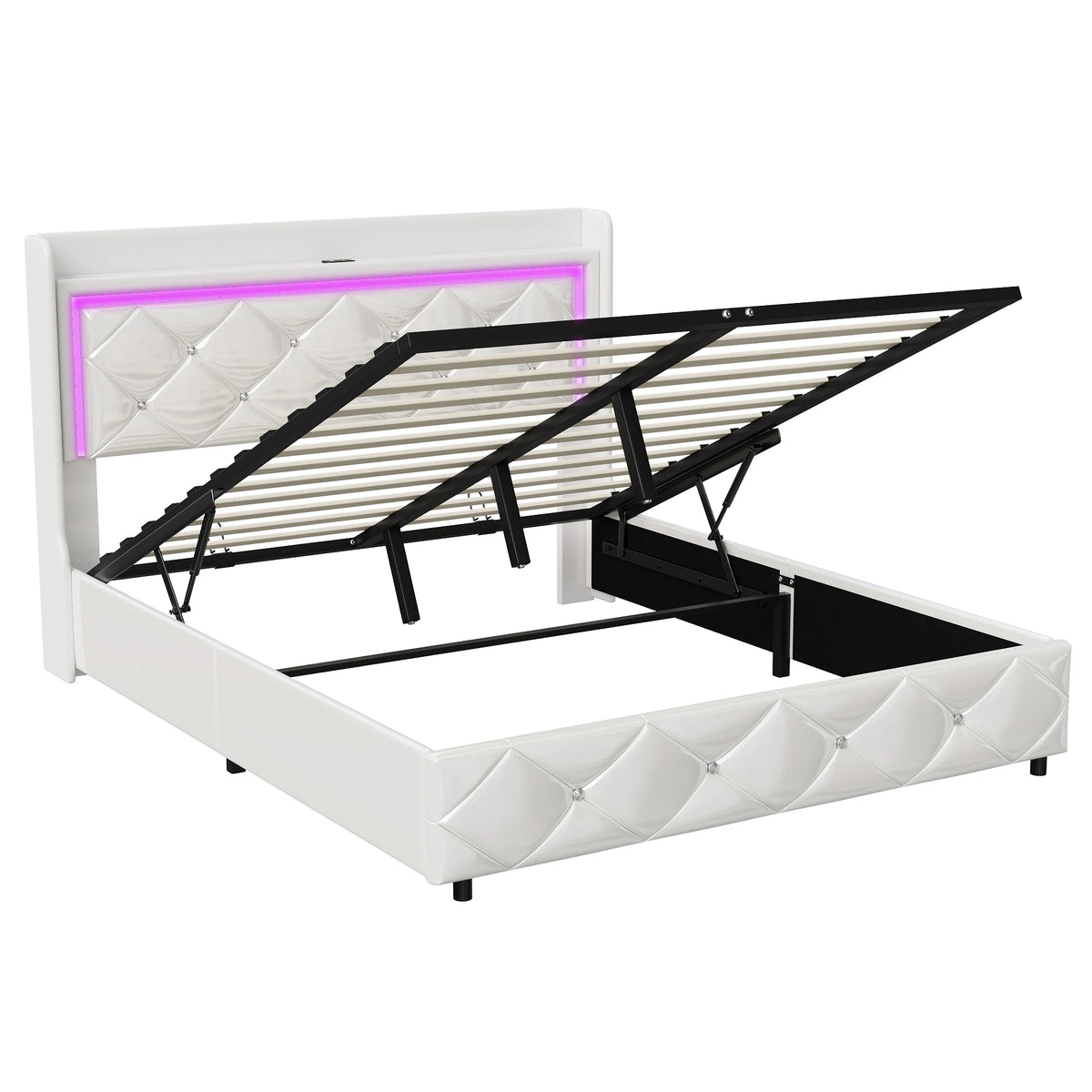 Upholstered Bed with LED Light, Charging Function, Air Pressure Metal Frame and Wooden Slatted Frame, PU, Without Mattress - vue 6 sur 6