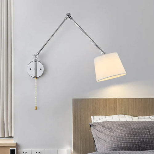 Luxury Chrome Wall Lamp Swing Long Rocker Arm Wall Light LED E27 Adjustable Joint Fabric Sconce Reading Wall Lamps with Switch - vue 3 sur 7