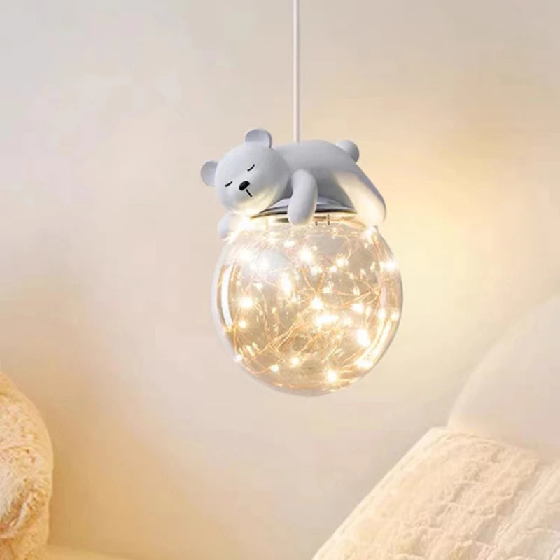 Simple moderne mignon enfants chambre lustres blanc ours lapin lampes bébé chambre fille garçon chambre chevet lustre lumières en verre - vue 2 sur 8