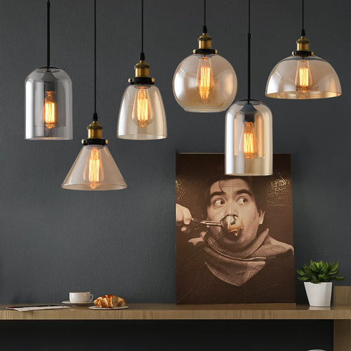 Suspension industriel vintage en verre fumé pour restaurant loft