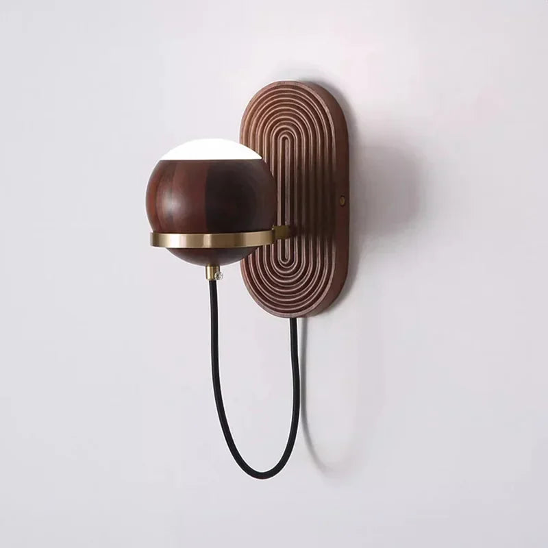 Walnut Wood Circular Sphere, Modern style Wabi-sabi minimalist Wall Sconce light for Bedroom, Bedside, Living, Dining Room