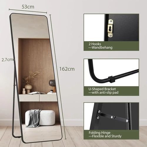 Full Length Mirror 162x53cm Full Body Mirror Rectangle Free Standing Wall Mounted Leaning Hanging Floor Mirrors, Black/Gold - vue 11 sur 12