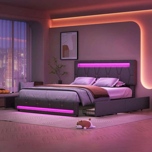 Upholstered Double Bed 140x200cm,LED Bed with 4 Drawers and Adjustable Headboard,Bed Frame with Wooden Slatted Frame,No Mattress - vue 5 sur 7