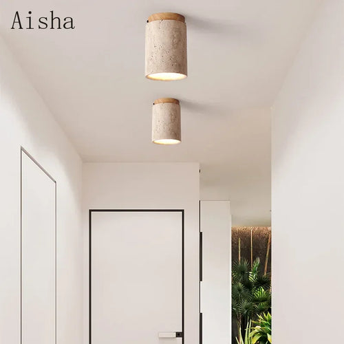Deckenleuchte aus Höhlenstein und Nussbaum für ein elegantes Interieur - vue 5 sur 12