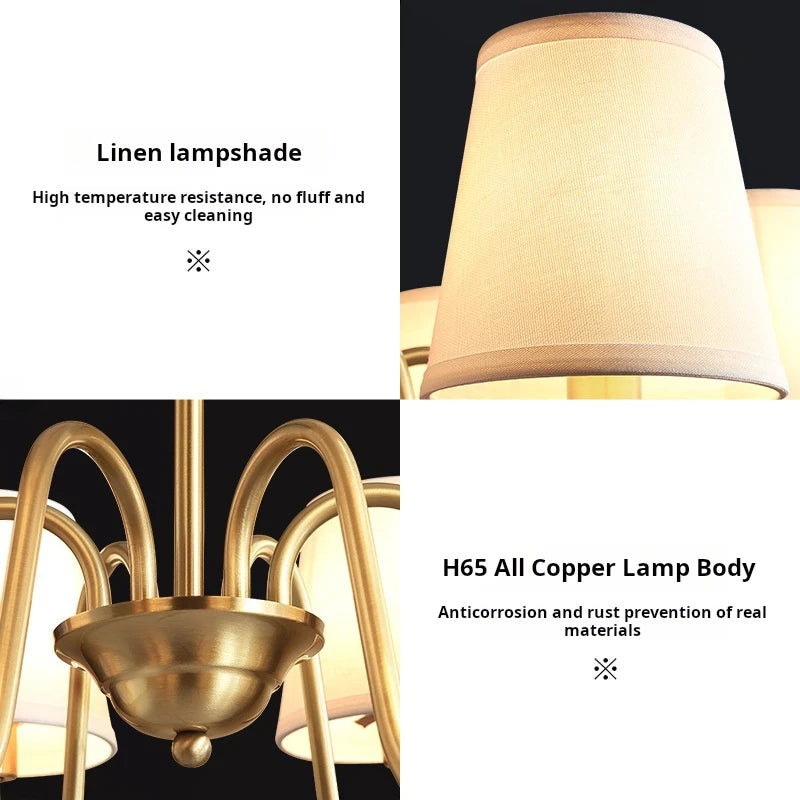 Amerikanischer Retro-Kronleuchter aus Kupfer mit LED und Stoffschirm - vue 5 sur 11