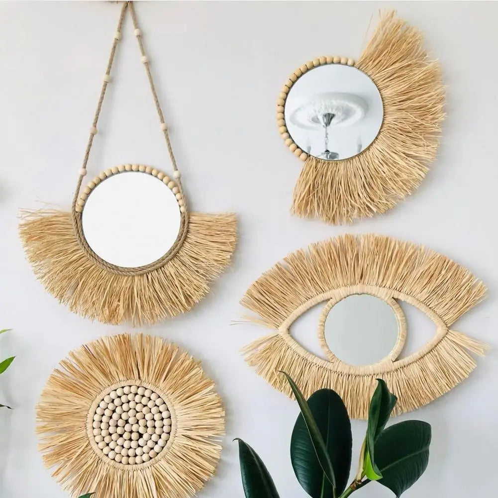 miroir suspendu en raphia et perles en bois décoratif multifonctions - vue 3 sur 11
