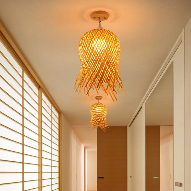 Plafonnier en bois naturel Lampe en bambou Multi Style Tricoté à la main Salon Chambre Éclairage Déco - vue 4 sur 11