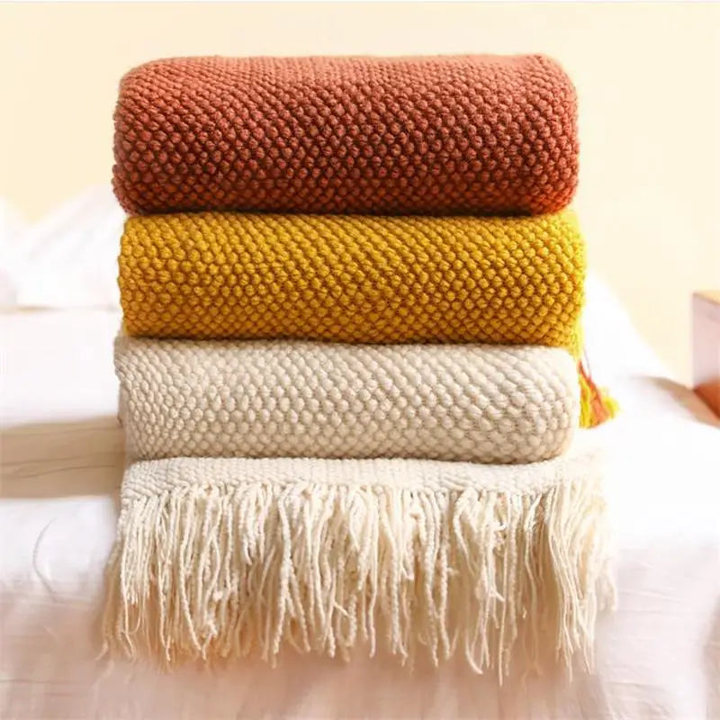 plaid tricot style nordique avec pompons pour salon