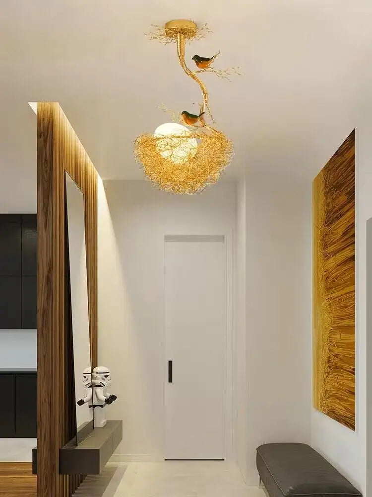 lustre led moderne en forme de nid d'oiseau avec boule de verre - vue 4 sur 14
