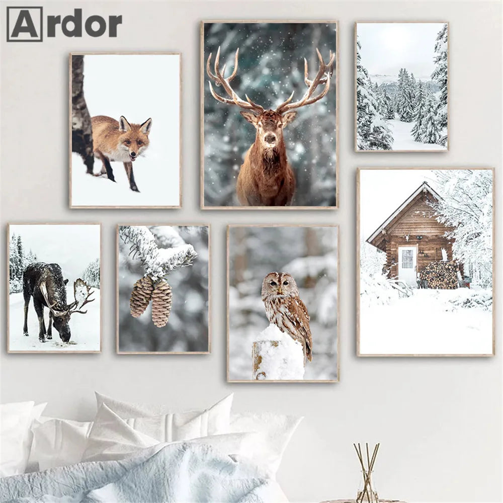 décoration murale forêt hivernale avec renard hibou et cerf - vue 2 sur 7
