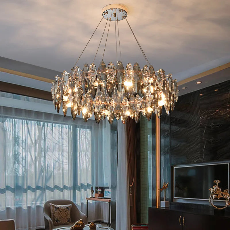 lustre moderne en cristal avec led et suspensions ronds
