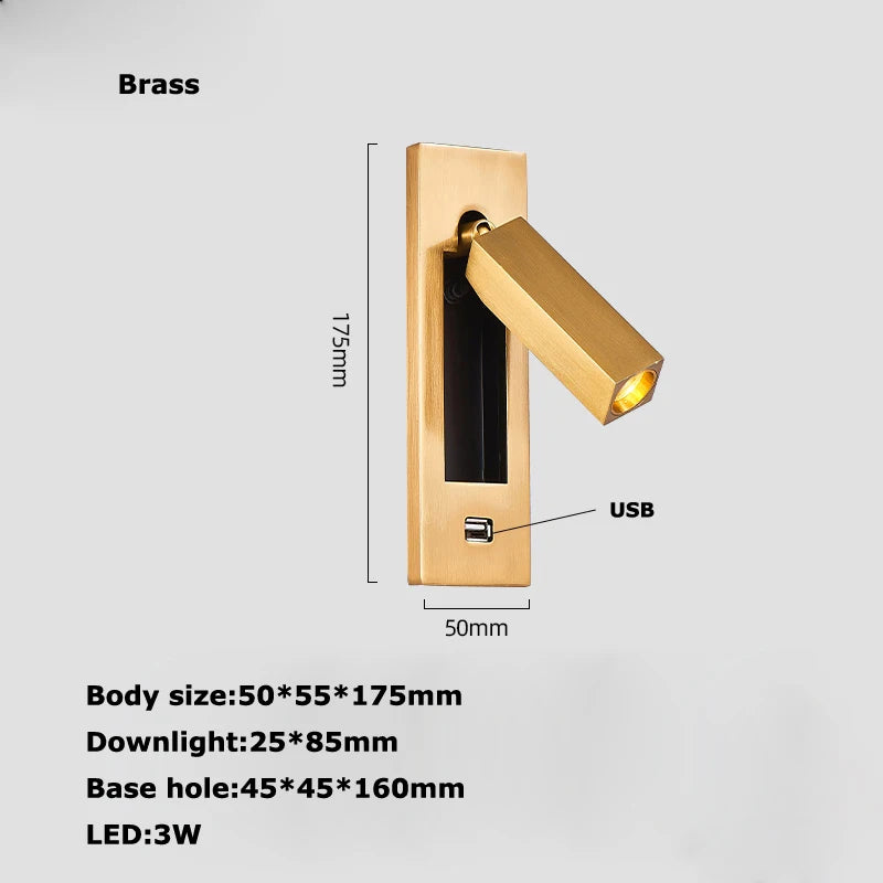 Black Brass Rectangular LED Wall Lamp Wall Sconce Wall Spotlight Reading Light with Switch and USB Port, Rotatable For Bedroom - vue 10 sur 22