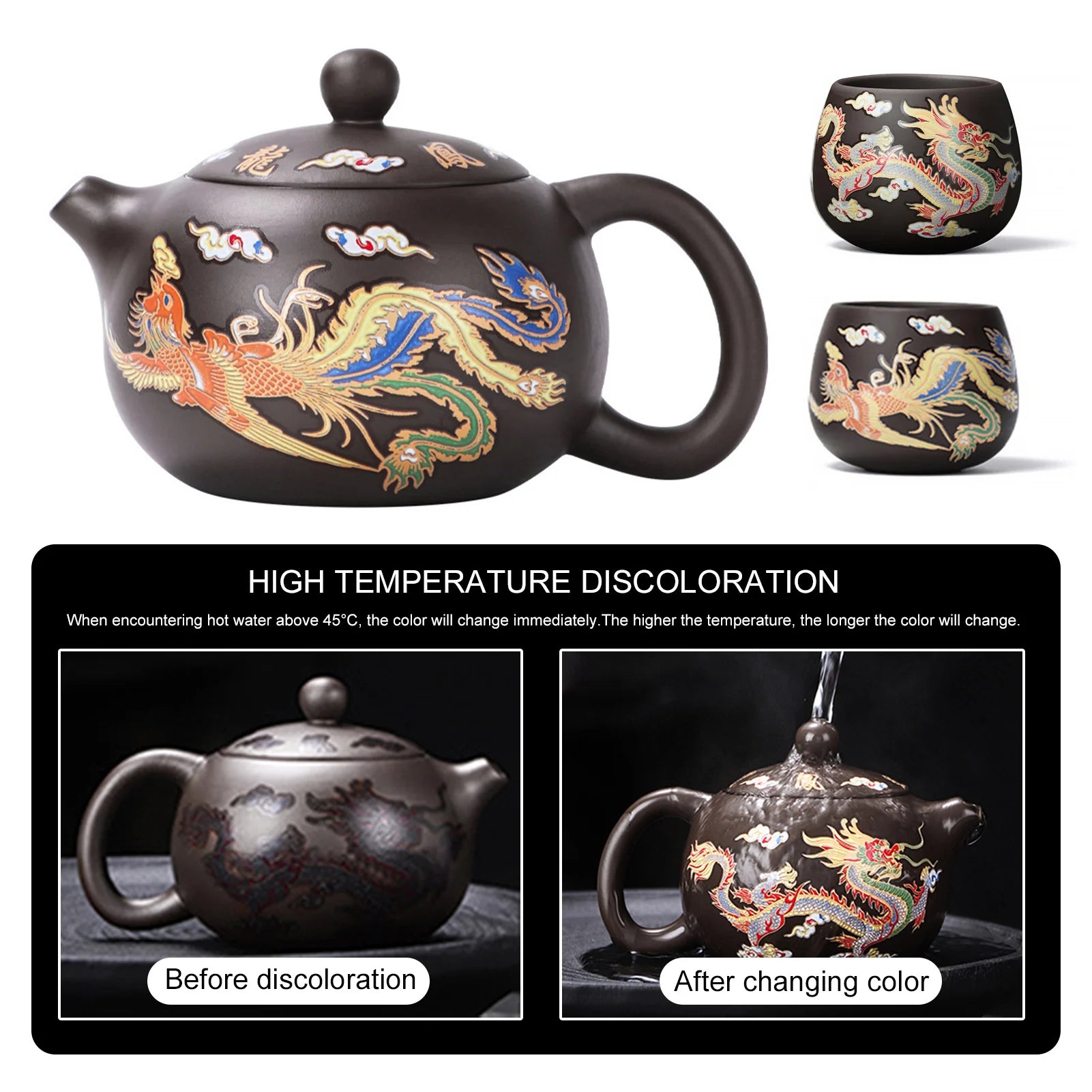 Théière argile violette dragons phénix style gongfu - vue 6 sur 7