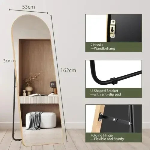 Full Length Mirror 162x53cm Full Body Mirror Rectangle Free Standing Wall Mounted Leaning Hanging Floor Mirrors, Black/Gold - vue 12 sur 12