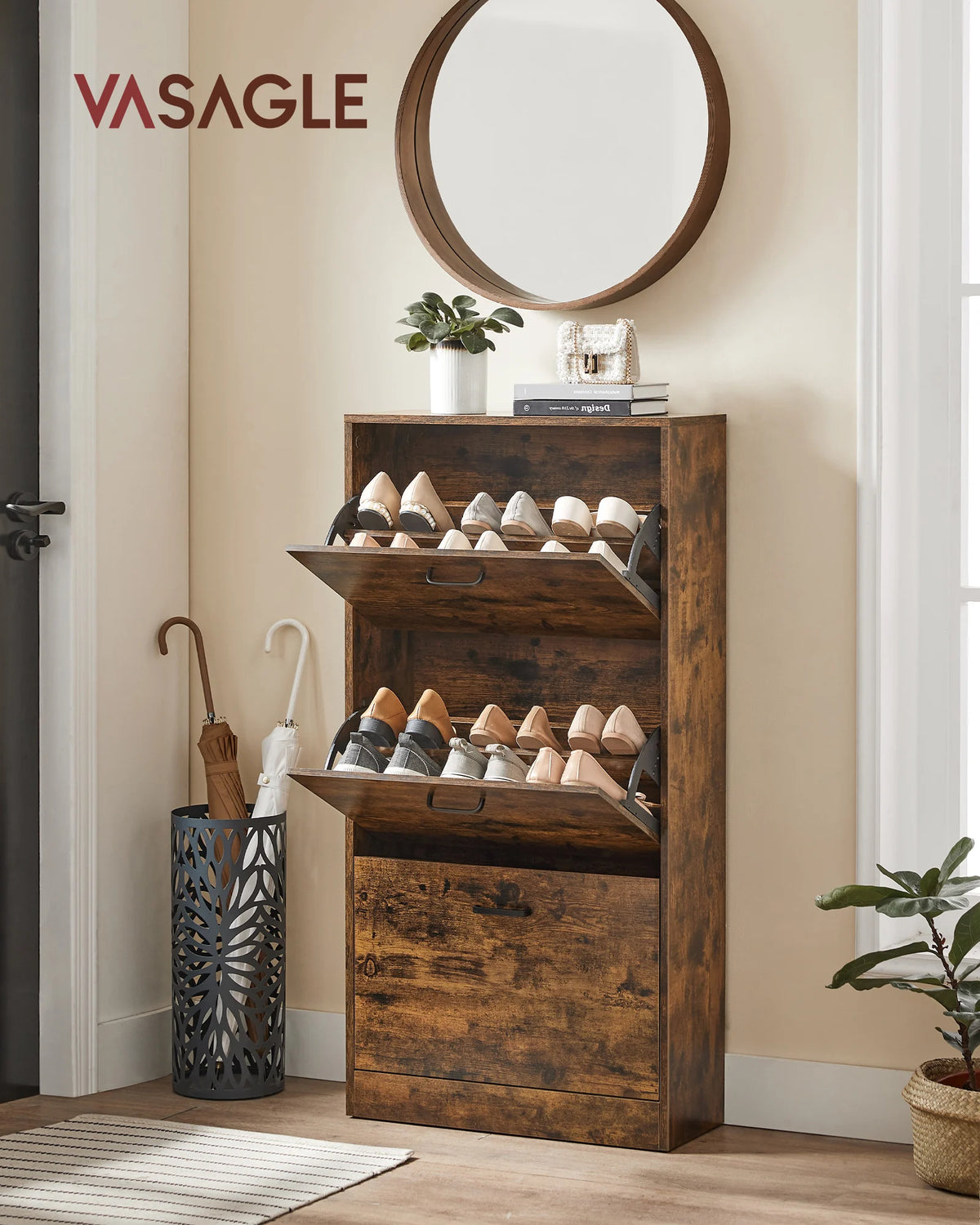 VASAGLE 3-Leaf Shoe Cabinet, 3-Tier Storage Cupboard, Rustic Brown
