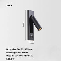 Black Brass Rectangular LED Wall Lamp Wall Sconce Wall Spotlight Reading Light with Switch and USB Port, Rotatable For Bedroom