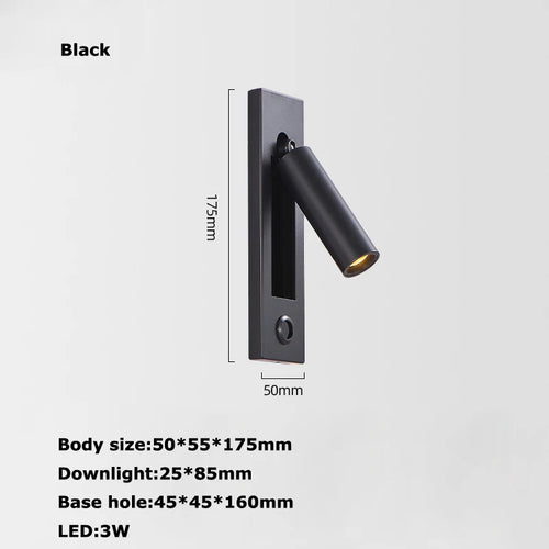 Black Brass Rectangular LED Wall Lamp Wall Sconce Wall Spotlight Reading Light with Switch and USB Port, Rotatable For Bedroom