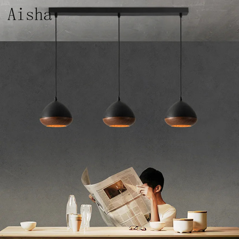 lustre en fer de style japonais wabi-sabi imitation noyer nordique - vue 5 sur 10