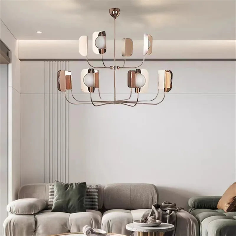 lustre design en verre laiteux avec feuilles métalliques élégantes - vue 6 sur 10