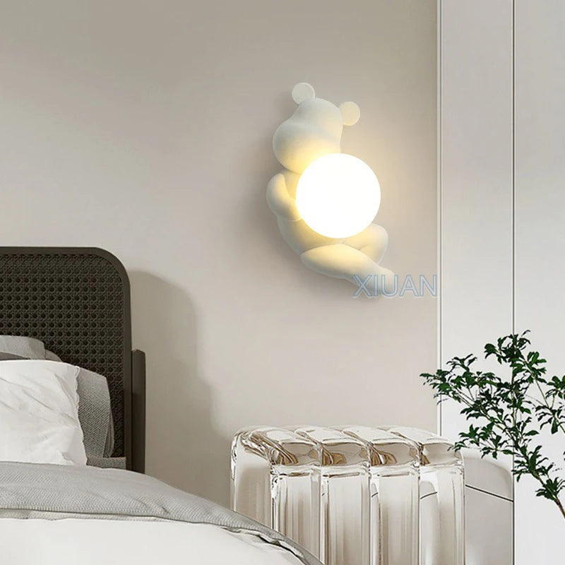 Chrome White Pink Bear Lights Art Design Bedroom Bedside Wall Lamps Resin Animal Glass Sconces Living Room Decorative Wall Light - vue 3 sur 18