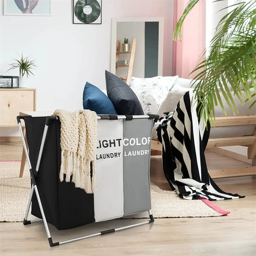panier à linge pliable trois compartiments pour vêtements sales
