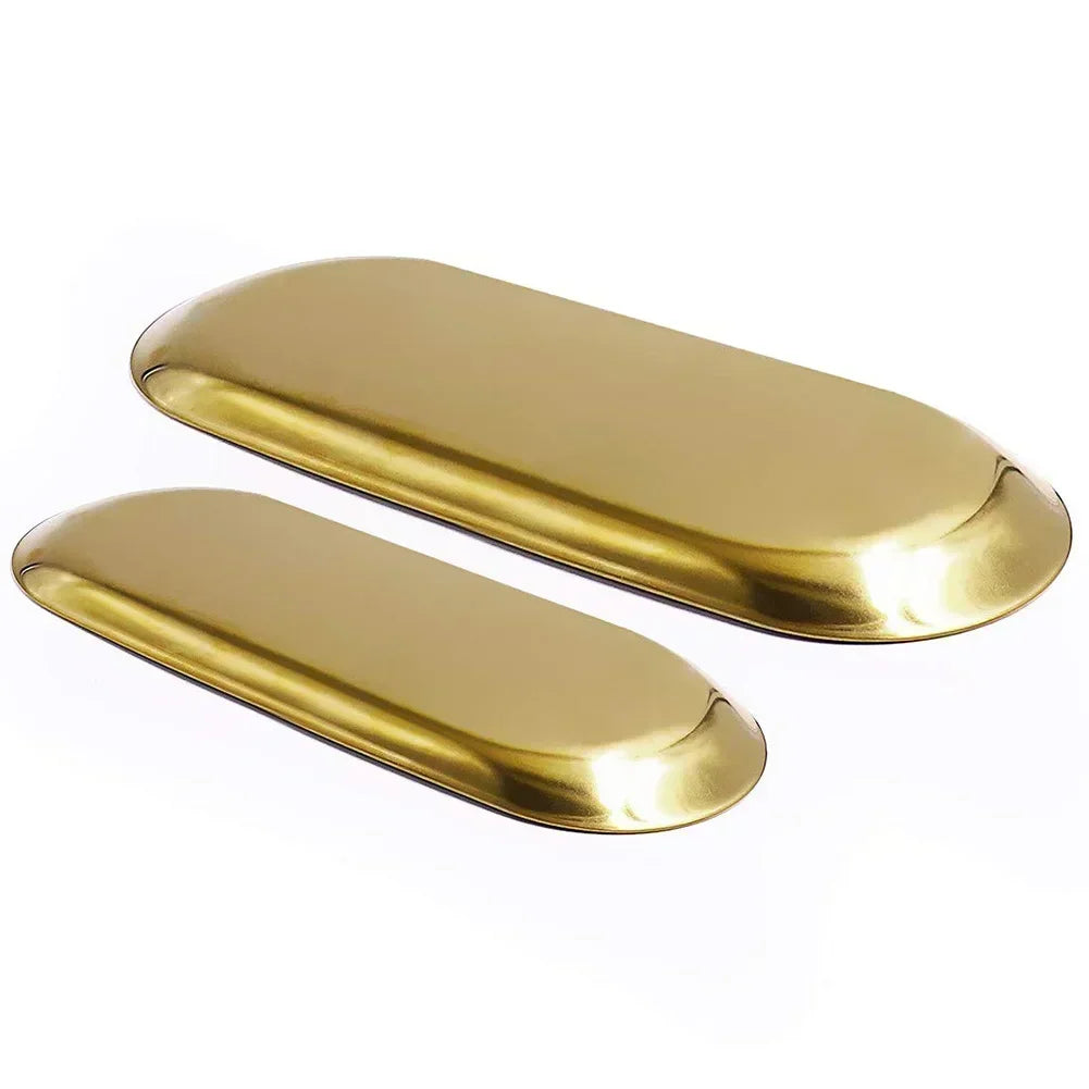plateau de rangement ovale en acier inoxydable doré pour divers objets - vue 3 sur 6