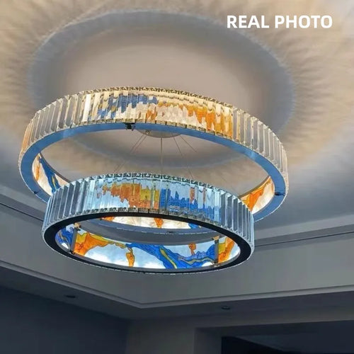 Moderner dimmbarer LED-Kronleuchter aus Stahl mit dekorativem Ring - vue 5 sur 14