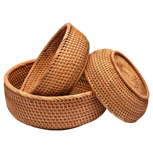 HeMu-Round Rattan Woven Basket, Wicker Fruit Basket, Bread Food, Kitchen Home Decor, Organizer Breadbasket for Kitchen - vue 5 sur 13