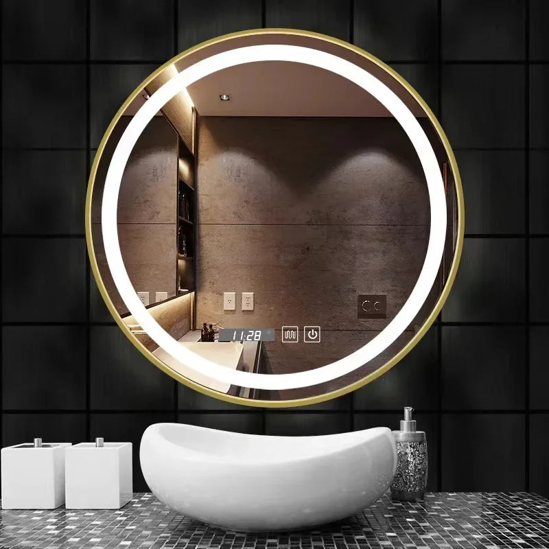 31-inch Round Smart Makeup Mirror, Homestand Oval with Light Backlight Tri-color Touch Fog Removal Wall Hanging Bathroom Mirror