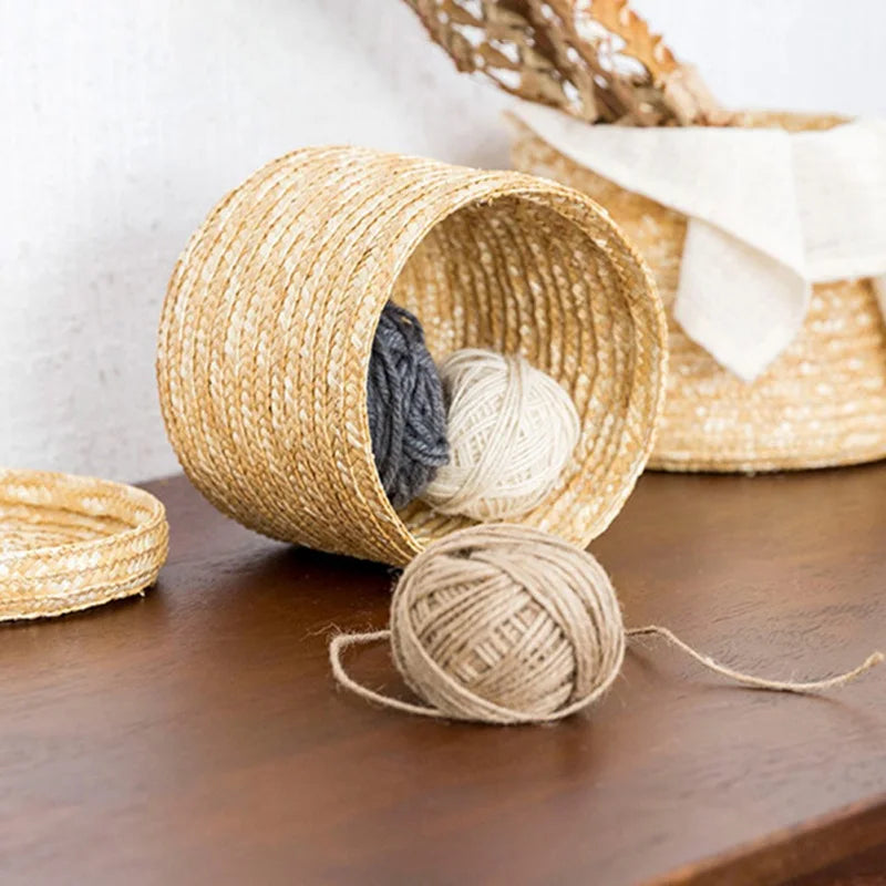 panier de rangement rond en paille tissée avec couvercle polyvalent - vue 4 sur 10