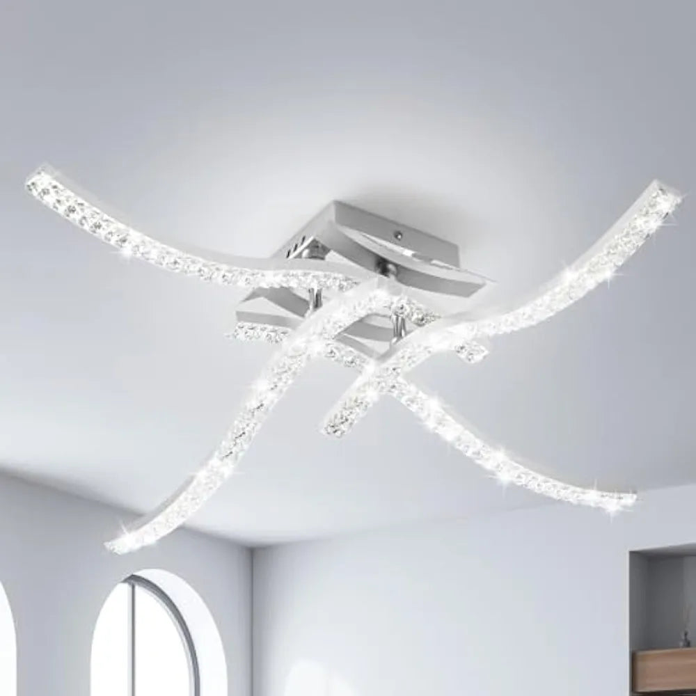32W Led Ceiling Lamp, Metal Curved Ceiling Lamp Cold White 4 Cross Flamig Acrylic Ceiling Lighting Interior Bedroom Kitchen