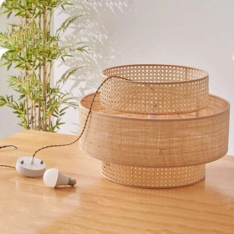 lustre à led wabi sabi en rotin pour décoration intérieure - vue 5 sur 10