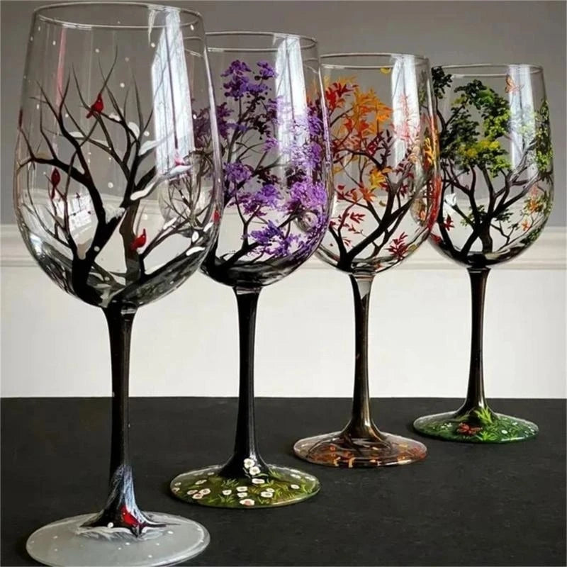 Verre a vin arbre quatre saisons peint main - vue 3 sur 7