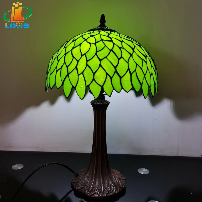 lampe à poser style tiffany avec feuilles vertes décorative - vue 4 sur 6