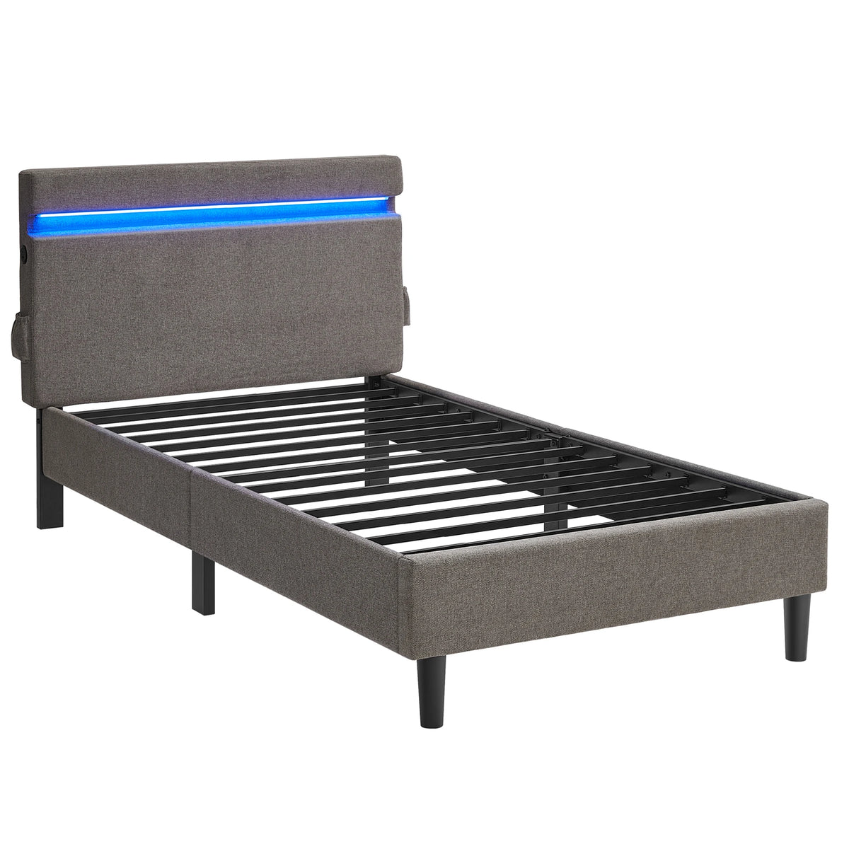 VASAGLE Metal Single Bed, 90 x 190 cm, Bed Frame, with Headboard, LED Lighting, USB and Type-C Port, Modern Style - vue 4 sur 7
