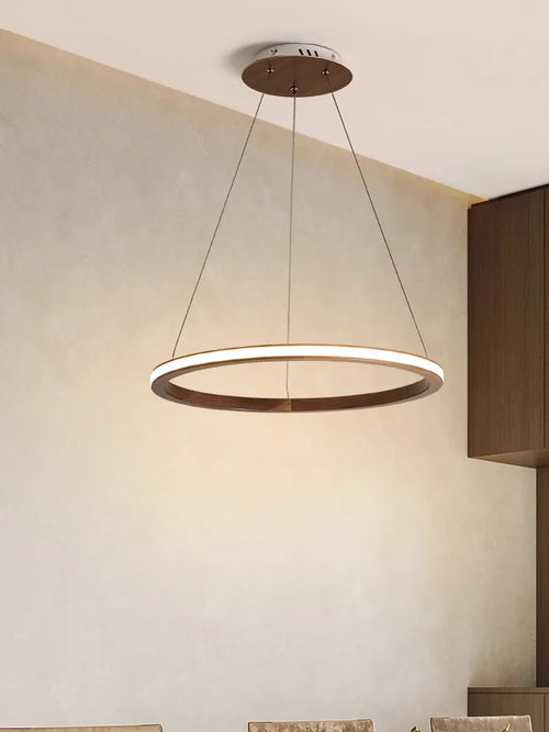 lustre moderne en bois led avec anneau en noyer rétro