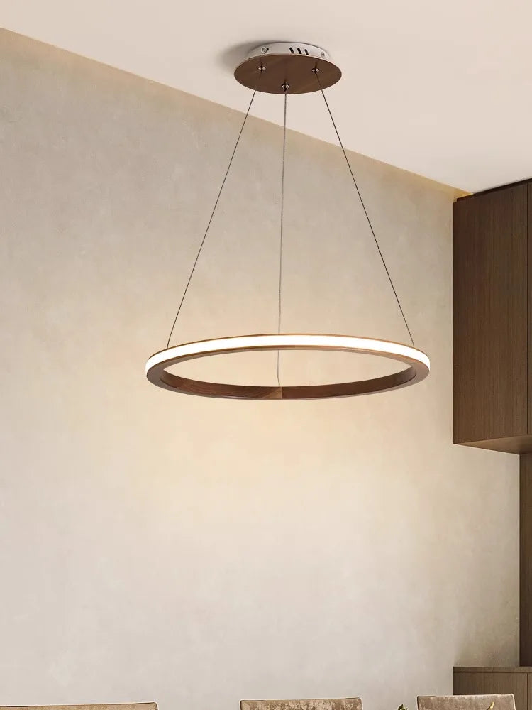 lustre moderne en bois led avec anneau en noyer rétro - vue 5 sur 14