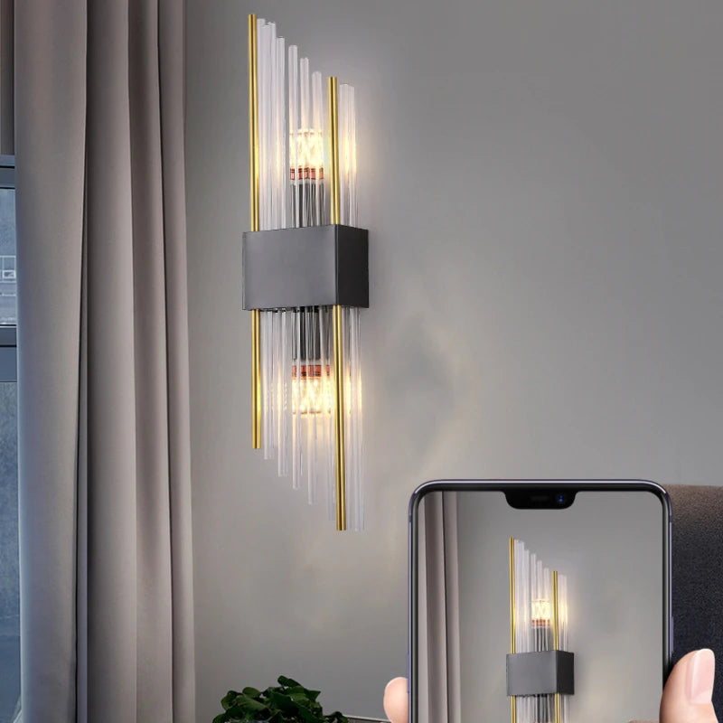 Moderne Wandleuchte mit zwei Köpfen aus goldfarbenem Kristall LED - vue 3 sur 8