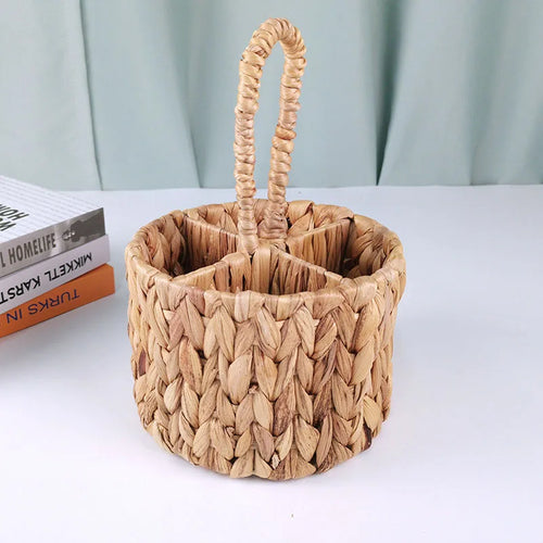 Wicker Flatware Organizer, Hand Woven Water Hyacinth Cutlery Holder for Countertop with Handle - vue 4 sur 6