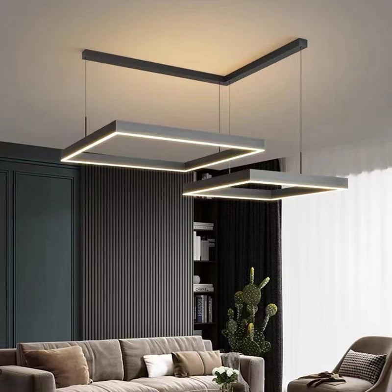 Lustre Led carré moderne pour salon salle à manger chambre cuisine noir Rectangle Led plafonnier suspension lampe - vue 6 sur 18