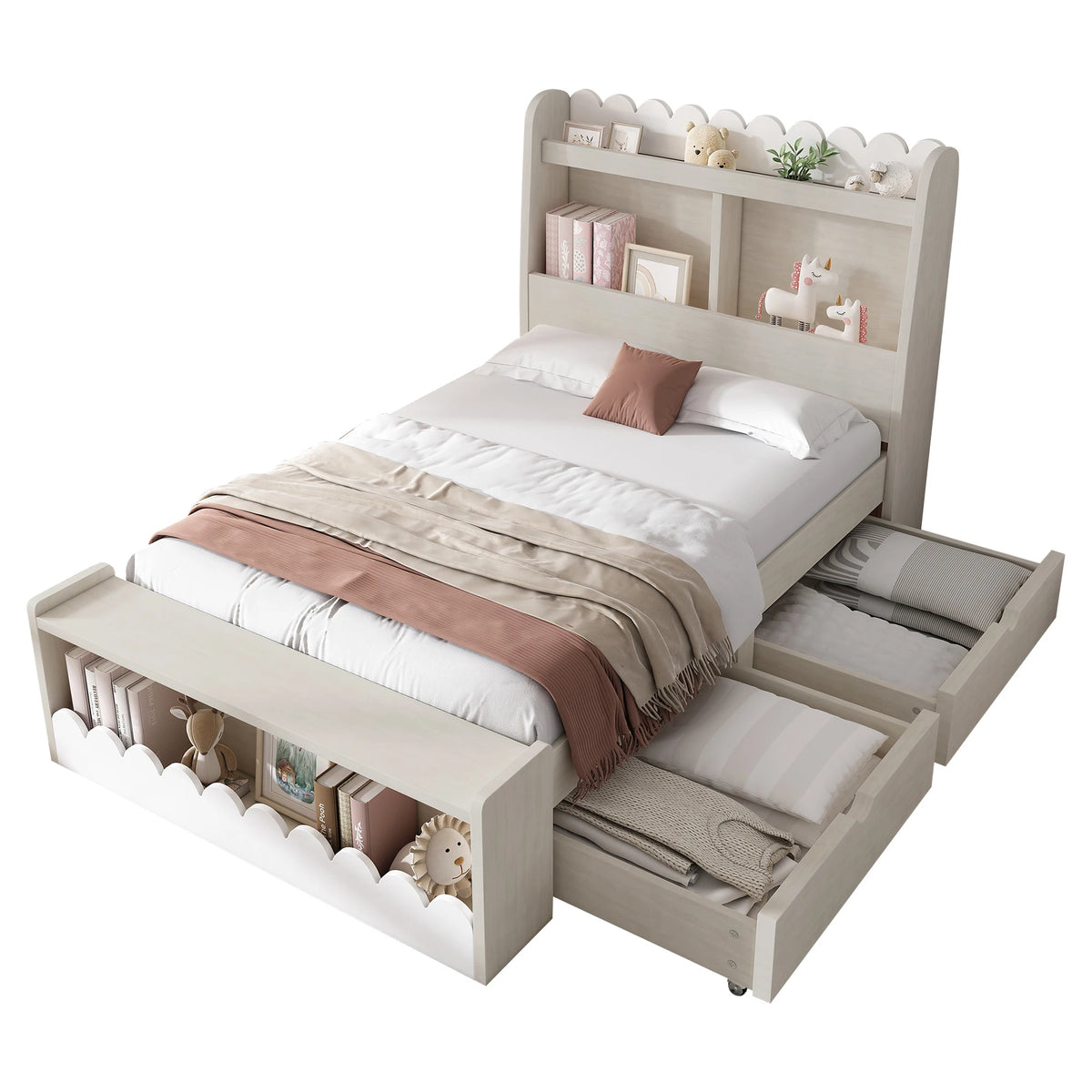 Children bed single bed storage bed with drawers, shelf and bench with storage space, wooden bed 90x200 cm, bed frame and slattenro