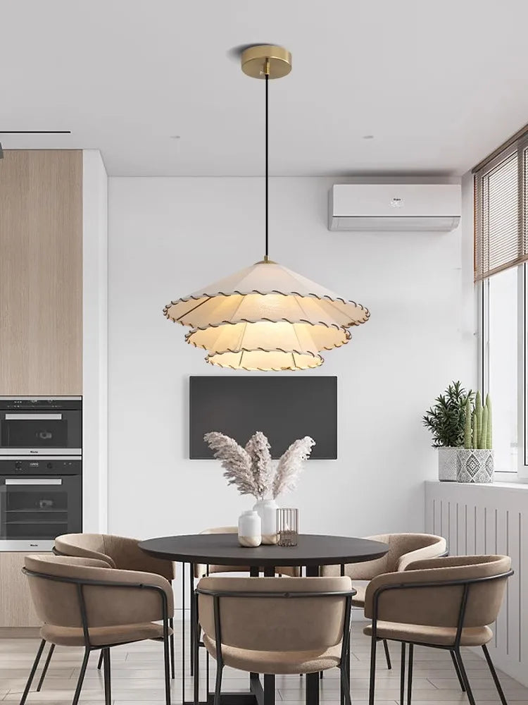 lustre créatif en coton lin avec lumière led nordique - vue 5 sur 9